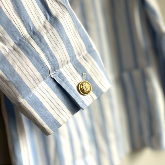 J.Crew Patch Pocket Blazer Sz M Striped Linen Nautical Blue White Gold Button - Picture 8 of 16
